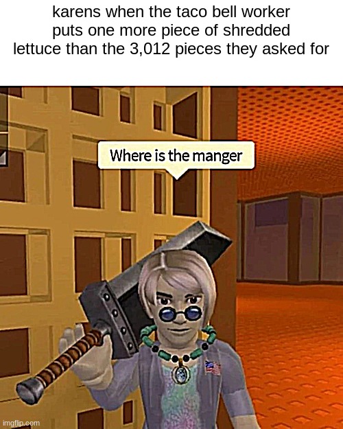 why | karens when the taco bell worker puts one more piece of shredded lettuce than the 3,012 pieces they asked for | image tagged in where is the manger | made w/ Imgflip meme maker