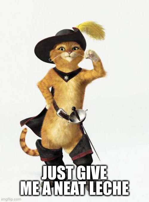 Puss in Boots | JUST GIVE ME A NEAT LECHE | image tagged in puss in boots | made w/ Imgflip meme maker