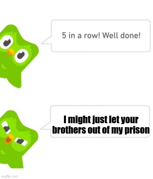 please duo | I might just let your brothers out of my prison | image tagged in duolingo 5 in a row | made w/ Imgflip meme maker