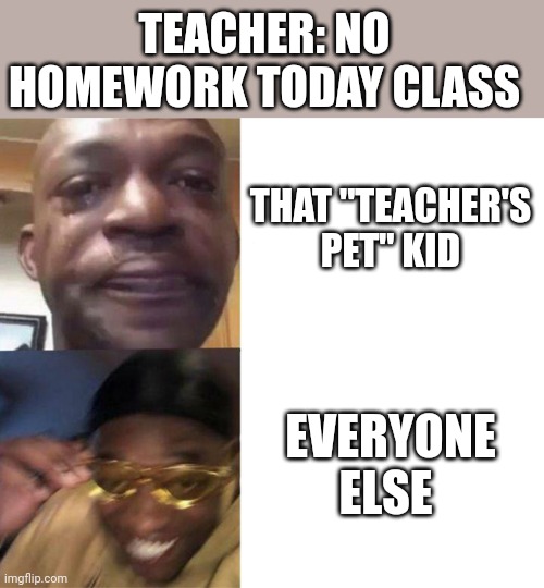 Black Guy Crying and Black Guy Laughing | TEACHER: NO HOMEWORK TODAY CLASS; THAT "TEACHER'S PET" KID; EVERYONE ELSE | image tagged in black guy crying and black guy laughing,school | made w/ Imgflip meme maker