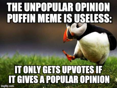 Unpopular Opinion Puffin Meme | THE UNPOPULAR OPINION PUFFIN MEME IS USELESS: IT ONLY GETS UPVOTES IF IT GIVES A POPULAR OPINION | image tagged in memes,unpopular opinion puffin,AdviceAnimals | made w/ Imgflip meme maker