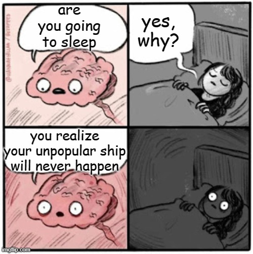 Brain Before Sleep | are you going to sleep; yes, why? you realize your unpopular ship will never happen | image tagged in brain before sleep | made w/ Imgflip meme maker