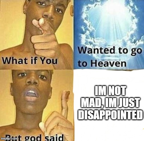 sad | IM NOT MAD, IM JUST DISAPPOINTED | image tagged in what if you wanted to go to heaven | made w/ Imgflip meme maker