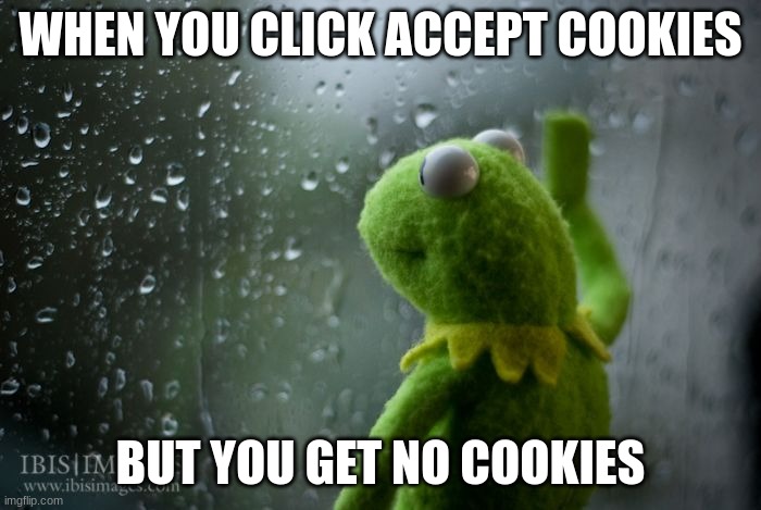 sad | WHEN YOU CLICK ACCEPT COOKIES; BUT YOU GET NO COOKIES | image tagged in kermit window | made w/ Imgflip meme maker