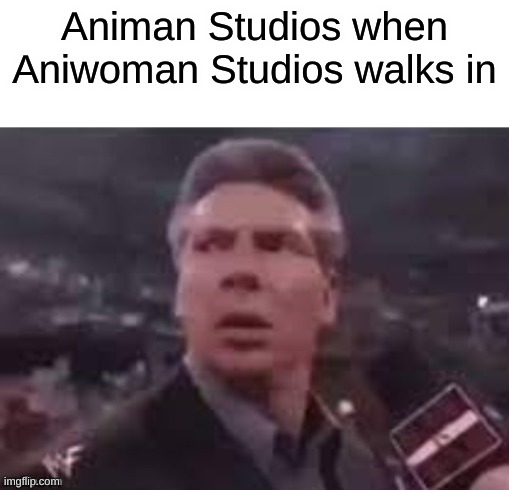 realization kicks in | Animan Studios when Aniwoman Studios walks in | image tagged in x when x walks in,huh,wait what,opposite | made w/ Imgflip meme maker