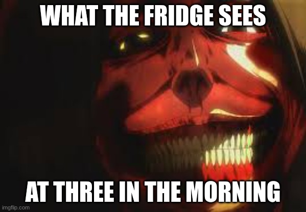 Smiling Titan | WHAT THE FRIDGE SEES; AT THREE IN THE MORNING | image tagged in smiling titan | made w/ Imgflip meme maker