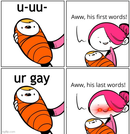 Aww, His Last Words | u-uu-; ur gay | image tagged in aww his last words | made w/ Imgflip meme maker