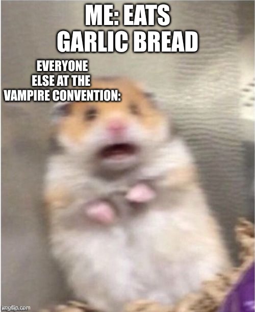 Scared Hamster | ME: EATS GARLIC BREAD; EVERYONE ELSE AT THE  VAMPIRE CONVENTION: | image tagged in scared hamster | made w/ Imgflip meme maker