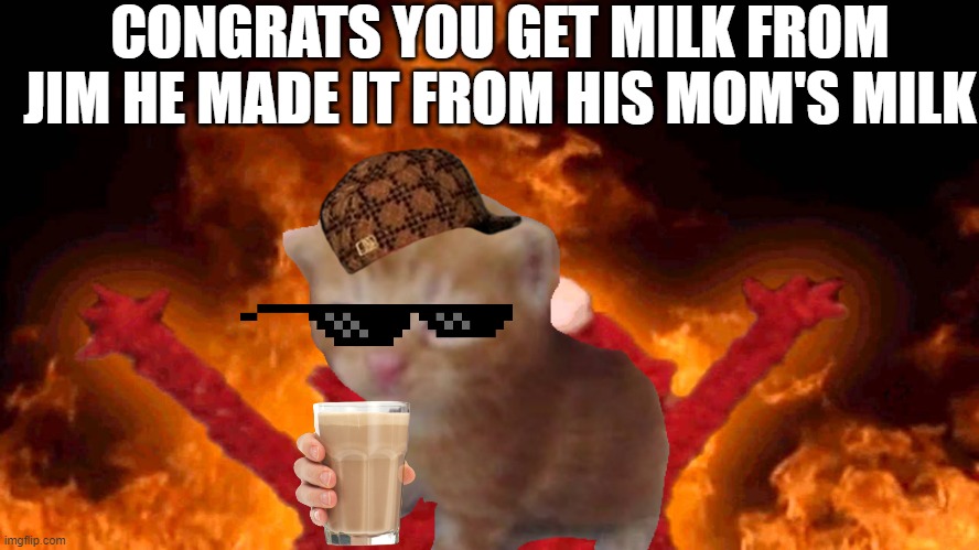 Congrats | CONGRATS YOU GET MILK FROM JIM HE MADE IT FROM HIS MOM'S MILK | image tagged in elmo fire,cat,milk | made w/ Imgflip meme maker