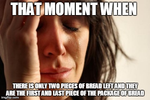 First World Problems Meme | THAT MOMENT WHEN  THERE IS ONLY TWO PIECES OF BREAD LEFT AND THEY ARE THE FIRST AND LAST PIECE OF THE PACKAGE OF BREAD | image tagged in memes,first world problems | made w/ Imgflip meme maker