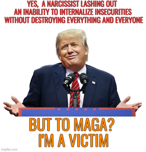 YES,  A NARCISSIST LASHING OUT 
AN INABILITY TO INTERNALIZE INSECURITIES

 WITHOUT DESTROYING EVERYTHING AND EVERYONE BUT TO MAGA?
 I'M A VI | made w/ Imgflip meme maker