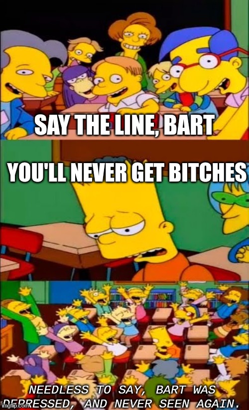 I'm sorry, Y'all. | SAY THE LINE, BART; YOU'LL NEVER GET BITCHES; NEEDLESS TO SAY, BART WAS DEPRESSED, AND NEVER SEEN AGAIN. | image tagged in say the line bart simpsons,no bitches | made w/ Imgflip meme maker