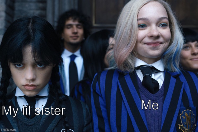 Siblings… | Me; My lil sister | image tagged in wednesday and enid | made w/ Imgflip meme maker