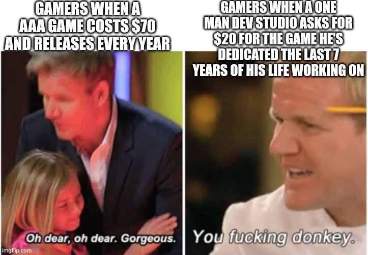 AAA vs Indie Games | GAMERS WHEN A AAA GAME COSTS $70 AND RELEASES EVERY YEAR; GAMERS WHEN A ONE MAN DEV STUDIO ASKS FOR $20 FOR THE GAME HE'S DEDICATED THE LAST 7 YEARS OF HIS LIFE WORKING ON | image tagged in gordon ramsay kids vs adults | made w/ Imgflip meme maker