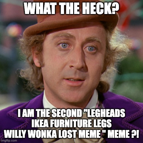umm | WHAT THE HECK? I AM THE SECOND "LEGHEADS IKEA FURNITURE LEGS WILLY WONKA LOST MEME " MEME ?! | image tagged in legheads ikea furniture legs willy wonka lost meme | made w/ Imgflip meme maker