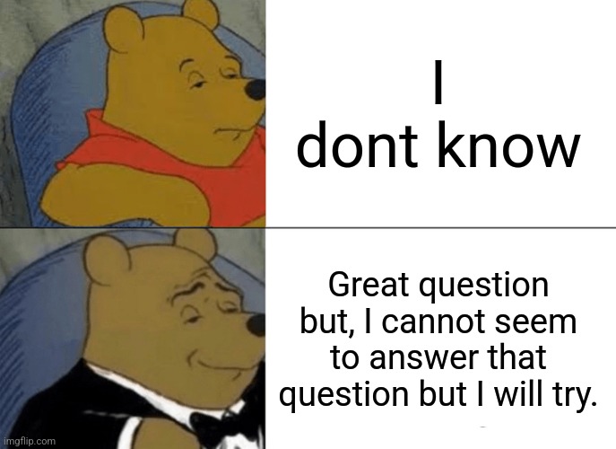 Can you do this question? | I dont know; Great question but, I cannot seem to answer that question but I will try. | image tagged in memes,tuxedo winnie the pooh | made w/ Imgflip meme maker