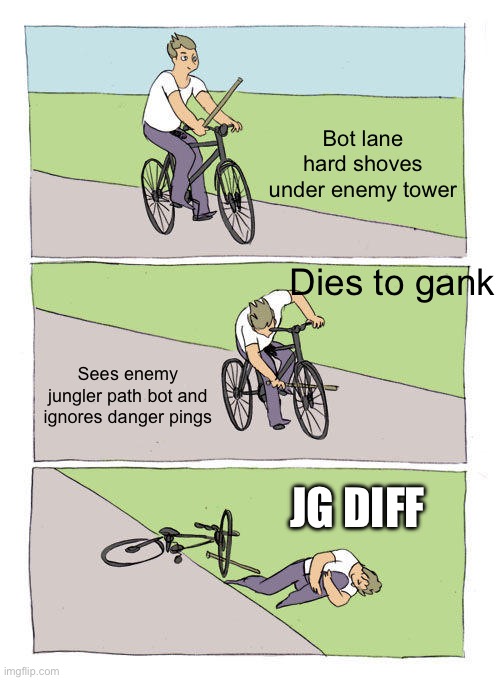 Bike Fall Meme | Bot lane hard shoves under enemy tower; Dies to gank; Sees enemy jungler path bot and ignores danger pings; JG DIFF | image tagged in memes,bike fall | made w/ Imgflip meme maker