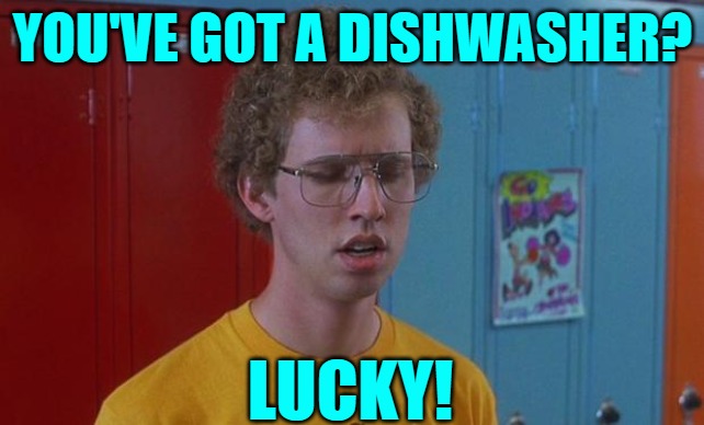 Napoleon Dynamite Skills | YOU'VE GOT A DISHWASHER? LUCKY! | image tagged in napoleon dynamite skills | made w/ Imgflip meme maker