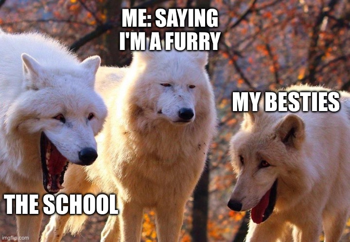 Coming out as a furry! Upvote if you support! | ME: SAYING I'M A FURRY; MY BESTIES; THE SCHOOL | image tagged in 2/3 wolves laugh | made w/ Imgflip meme maker