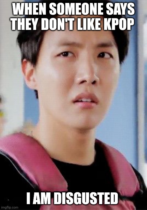 J-hope meme | WHEN SOMEONE SAYS THEY DON'T LIKE KPOP; I AM DISGUSTED | image tagged in j-hope meme,bts,bangtan boys | made w/ Imgflip meme maker
