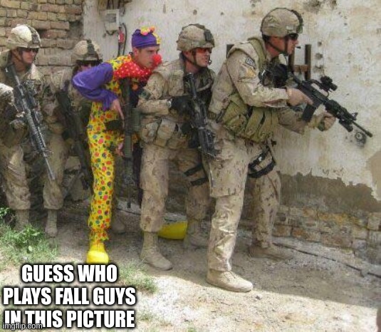 Army clown | GUESS WHO PLAYS FALL GUYS IN THIS PICTURE | image tagged in army clown | made w/ Imgflip meme maker
