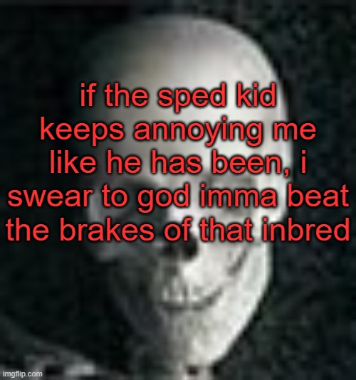 venting: | if the sped kid keeps annoying me like he has been, i swear to god imma beat the brakes of that inbred | image tagged in skull | made w/ Imgflip meme maker