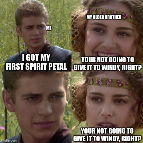 spirit petal | MY OLDER BROTHER; ME; YOUR NOT GOING TO GIVE IT TO WINDY, RIGHT? I GOT MY FIRST SPIRIT PETAL; YOUR NOT GOING TO GIVE IT TO WINDY, RIGHT? | image tagged in for the better right blank,bees | made w/ Imgflip meme maker