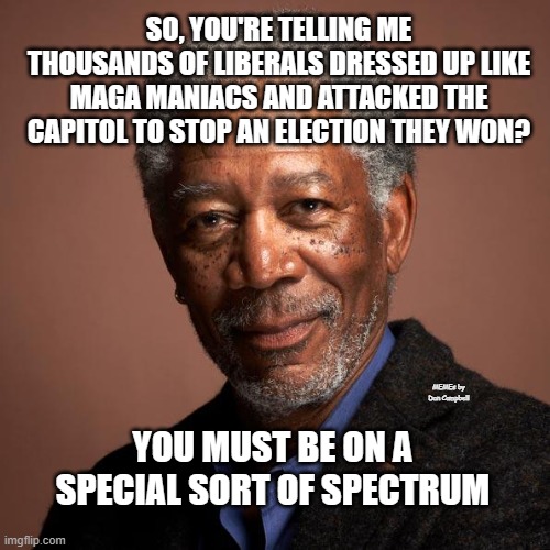 Morgan Freeman | SO, YOU'RE TELLING ME THOUSANDS OF LIBERALS DRESSED UP LIKE MAGA MANIACS AND ATTACKED THE CAPITOL TO STOP AN ELECTION THEY WON? MEMEs by Dan Campbell; YOU MUST BE ON A SPECIAL SORT OF SPECTRUM | image tagged in morgan freeman | made w/ Imgflip meme maker