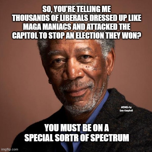 Morgan Freeman | SO, YOU'RE TELLING ME THOUSANDS OF LIBERALS DRESSED UP LIKE MAGA MANIACS AND ATTACKED THE CAPITOL TO STOP AN ELECTION THEY WON? MEMEs by Dan Campbell; YOU MUST BE ON A SPECIAL SORTR OF SPECTRUM | image tagged in morgan freeman | made w/ Imgflip meme maker