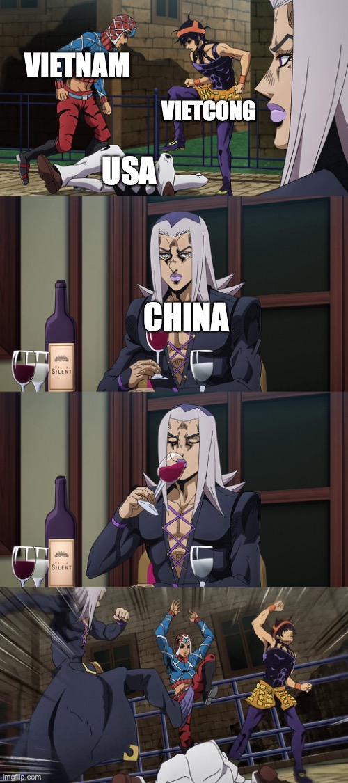 Abbacchio joins in the fun | VIETNAM; VIETCONG; USA; CHINA | image tagged in abbacchio joins in the fun | made w/ Imgflip meme maker