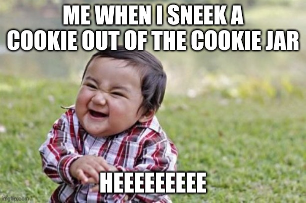 Evil Toddler Meme | ME WHEN I SNEEK A COOKIE OUT OF THE COOKIE JAR; HEEEEEEEEE | image tagged in memes,evil toddler | made w/ Imgflip meme maker