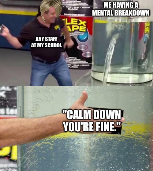 Flex Tape | ME HAVING A MENTAL BREAKDOWN; ANY STAFF AT MY SCHOOL; "CALM DOWN YOU'RE FINE." | image tagged in flex tape | made w/ Imgflip meme maker