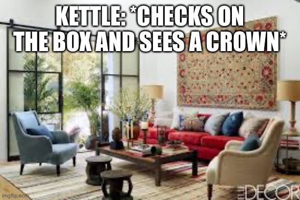 Princess Kettle | KETTLE: *CHECKS ON THE BOX AND SEES A CROWN* | image tagged in living room | made w/ Imgflip meme maker