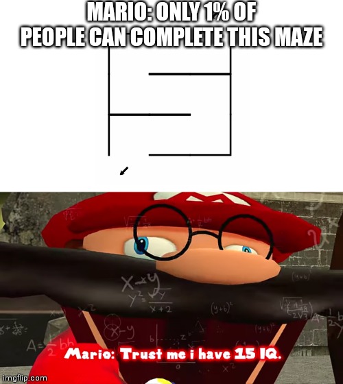Maze momen | MARIO: ONLY 1% OF PEOPLE CAN COMPLETE THIS MAZE | image tagged in trust me i have 15 iq,memes,maze | made w/ Imgflip meme maker