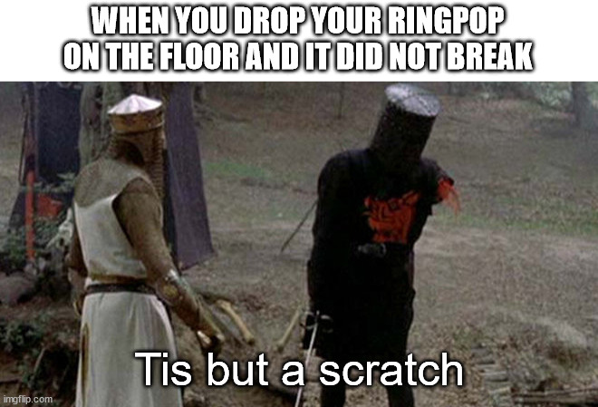 Based off of today | WHEN YOU DROP YOUR RINGPOP ON THE FLOOR AND IT DID NOT BREAK; Tis but a scratch | image tagged in tis but a scratch | made w/ Imgflip meme maker