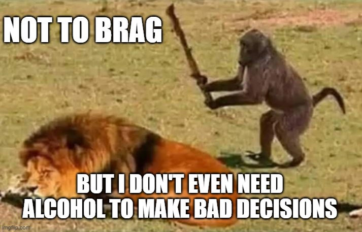 Drunk Monkey | NOT TO BRAG; BUT I DON'T EVEN NEED ALCOHOL TO MAKE BAD DECISIONS | image tagged in drunk monkey | made w/ Imgflip meme maker