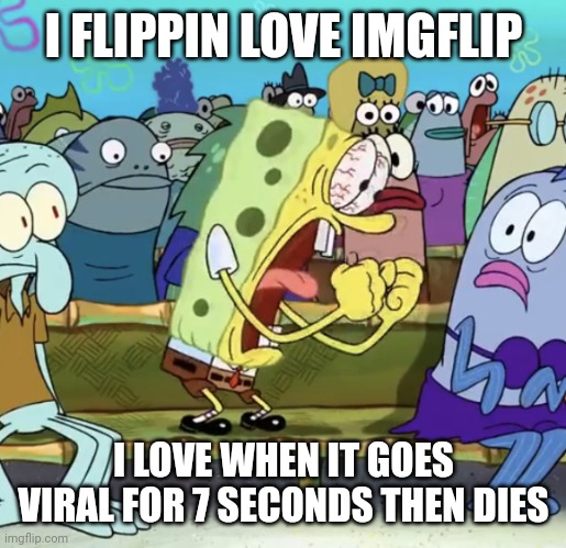 I LOVE IMGFLIP | I FLIPPIN LOVE IMGFLIP; I LOVE WHEN IT GOES VIRAL FOR 7 SECONDS THEN DIES | image tagged in spongebob yelling | made w/ Imgflip meme maker