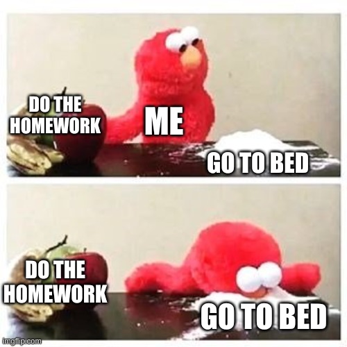 elmo cocaine | DO THE HOMEWORK; ME; GO TO BED; DO THE HOMEWORK; GO TO BED | image tagged in elmo cocaine | made w/ Imgflip meme maker