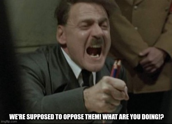 Hitler Downfall | WE'RE SUPPOSED TO OPPOSE THEM! WHAT ARE YOU DOING!? | image tagged in hitler downfall | made w/ Imgflip meme maker