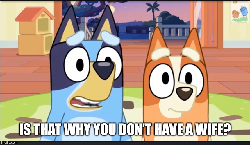 Bluey you don’t have a wife | IS THAT WHY YOU DON’T HAVE A WIFE? | image tagged in bluey | made w/ Imgflip meme maker