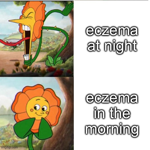 Cuphead Flower | eczema at night; eczema in the morning | image tagged in cuphead flower | made w/ Imgflip meme maker