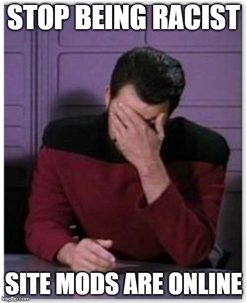 riker facepalm | STOP BEING RACIST; SITE MODS ARE ONLINE | image tagged in riker facepalm | made w/ Imgflip meme maker