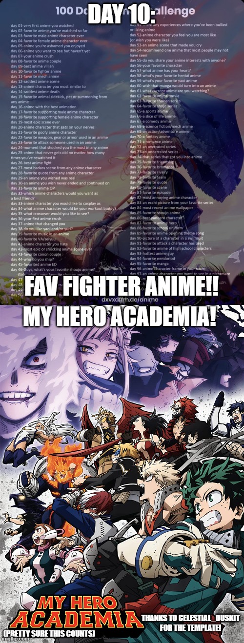 Day 10: Fav fighting anime! (Pretty sure this counts) | DAY 10:; FAV FIGHTER ANIME!! MY HERO ACADEMIA! THANKS TO CELESTIAL_DUSKIT FOR THE TEMPLATE! (PRETTY SURE THIS COUNTS) | image tagged in memes,anime,100 day anime challenge,celestial_duskit | made w/ Imgflip meme maker