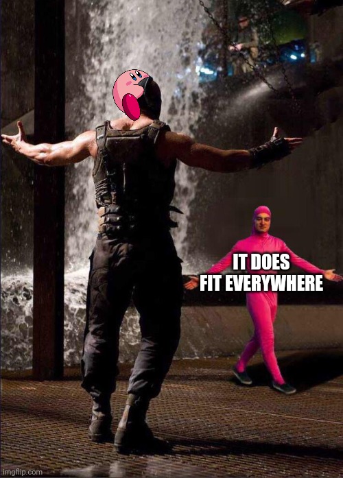 Pink Guy vs Bane | IT DOES FIT EVERYWHERE | image tagged in pink guy vs bane | made w/ Imgflip meme maker