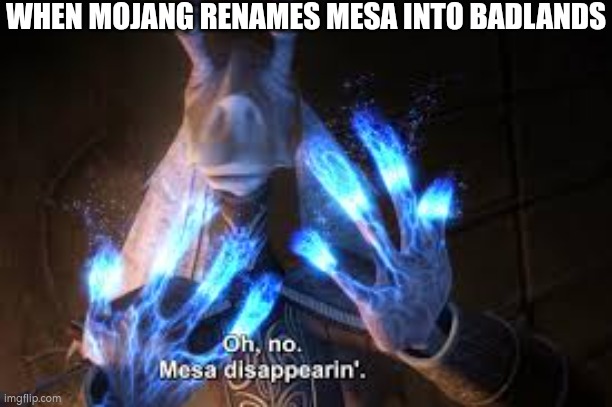 oh no mesa disappearing | WHEN MOJANG RENAMES MESA INTO BADLANDS | image tagged in oh no mesa disappearing | made w/ Imgflip meme maker