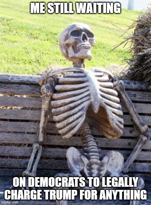 Democrats are all hat, no cattle | ME STILL WAITING; ON DEMOCRATS TO LEGALLY CHARGE TRUMP FOR ANYTHING | image tagged in waiting skeleton,liberals,democrats,leftists,woke,trump derangement syndrome | made w/ Imgflip meme maker