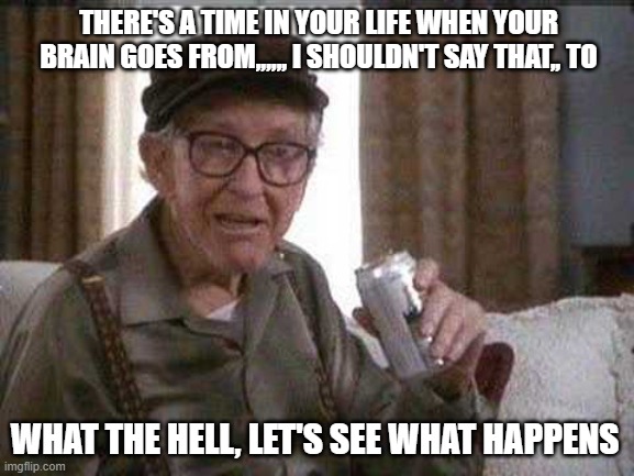 A Time In Life | THERE'S A TIME IN YOUR LIFE WHEN YOUR BRAIN GOES FROM,,,,,, I SHOULDN'T SAY THAT,, TO; WHAT THE HELL, LET'S SEE WHAT HAPPENS | image tagged in memes,old man | made w/ Imgflip meme maker
