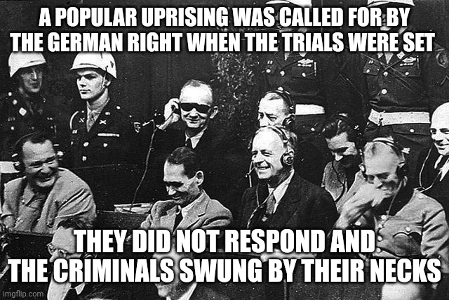 Nuremberg Laugh | A POPULAR UPRISING WAS CALLED FOR BY THE GERMAN RIGHT WHEN THE TRIALS WERE SET; THEY DID NOT RESPOND AND THE CRIMINALS SWUNG BY THEIR NECKS | image tagged in nuremberg laugh,gop,traitors,swing,cowards,hide and seek | made w/ Imgflip meme maker