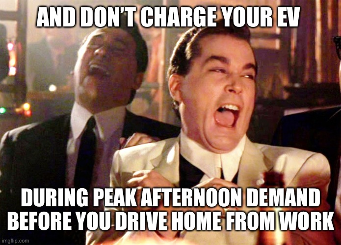 Good Fellas Hilarious Meme | AND DON’T CHARGE YOUR EV DURING PEAK AFTERNOON DEMAND BEFORE YOU DRIVE HOME FROM WORK | image tagged in memes,good fellas hilarious | made w/ Imgflip meme maker