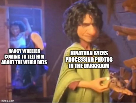 Both Encanto and Stranger Things 3 got rats |  NANCY WHEELER COMING TO TELL HIM ABOUT THE WEIRD RATS; JONATHAN BYERS PROCESSING PHOTOS IN THE DARKROOM | image tagged in encanto meme,stranger things,rats,rat | made w/ Imgflip meme maker